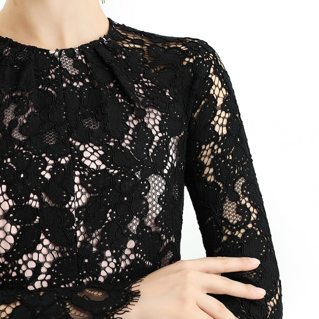 D080-3女装花卉睫毛蕾丝长袖车褶喇叭形派对中长连衣裙 