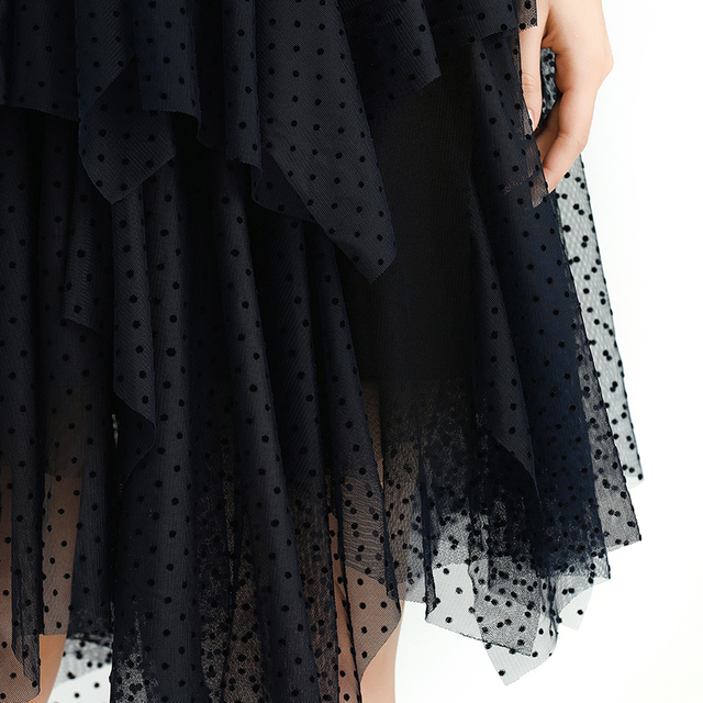 S077-1 女式圆点薄纱多层不对称派对短裙