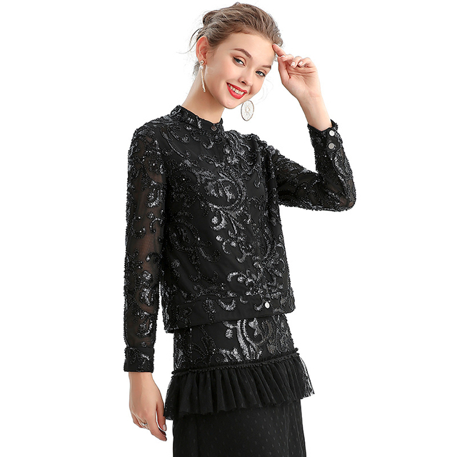 T123 女士亮片钉珠立领长袖晚装衬衫夹克