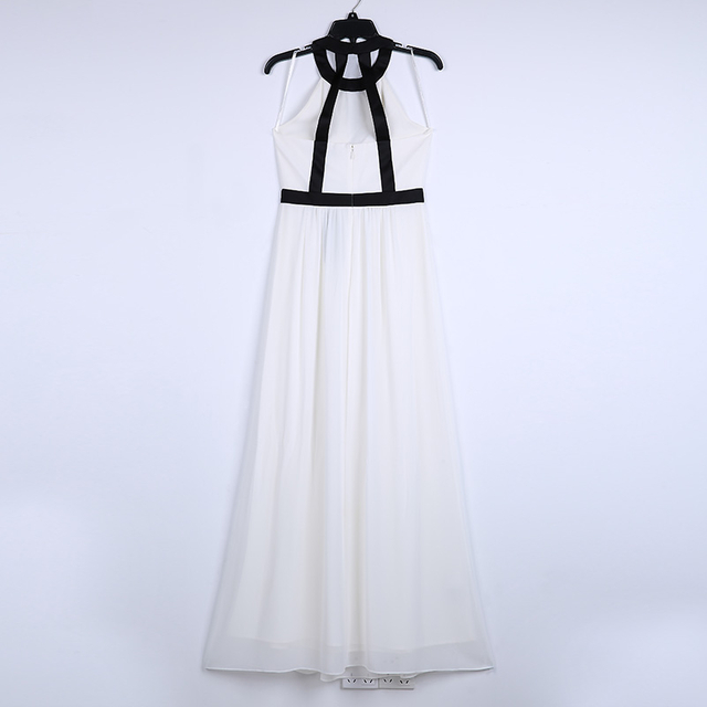 1L13 女士纯色乔其纱露背领撞色系带超长晚礼服