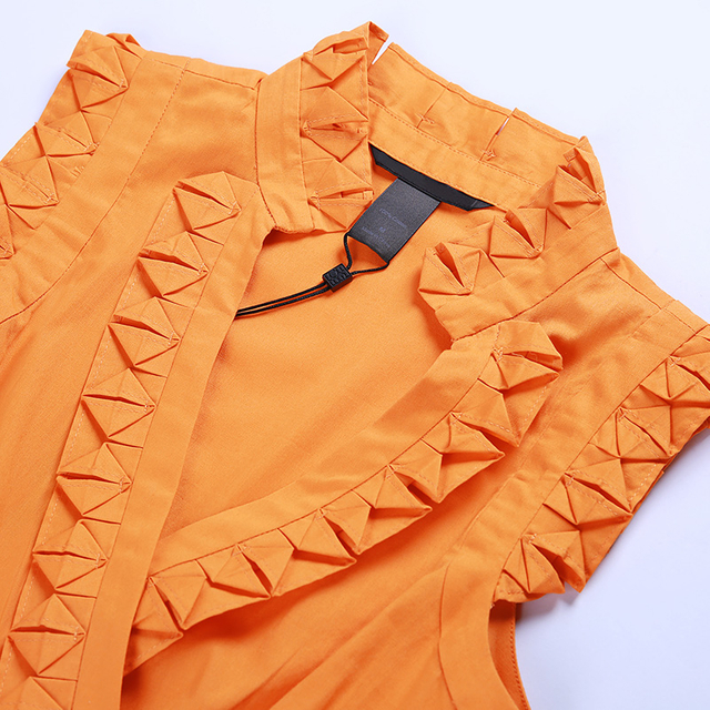 B528 女士纯棉 V 领无袖荷叶边细节直下摆迷你连衣裙