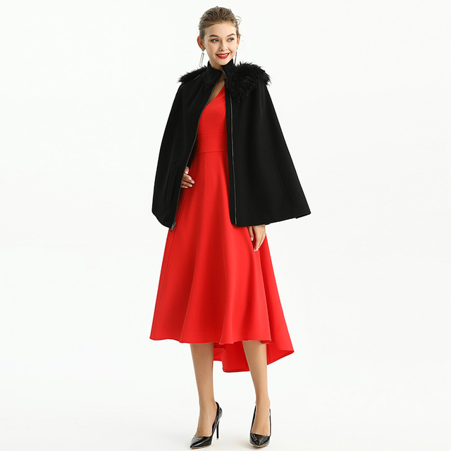 C194 女士羊毛人造毛领罗纹领口双拉链冬季斗篷大衣