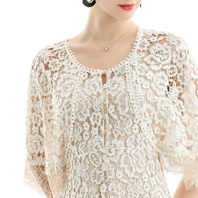 D078 女装花卉蕾丝披肩袖不对称下摆晚礼服中长连衣裙