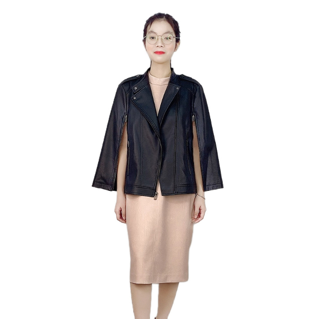 J242 2023女性时尚优雅黑色人造皮夹克女士PU皮夹克