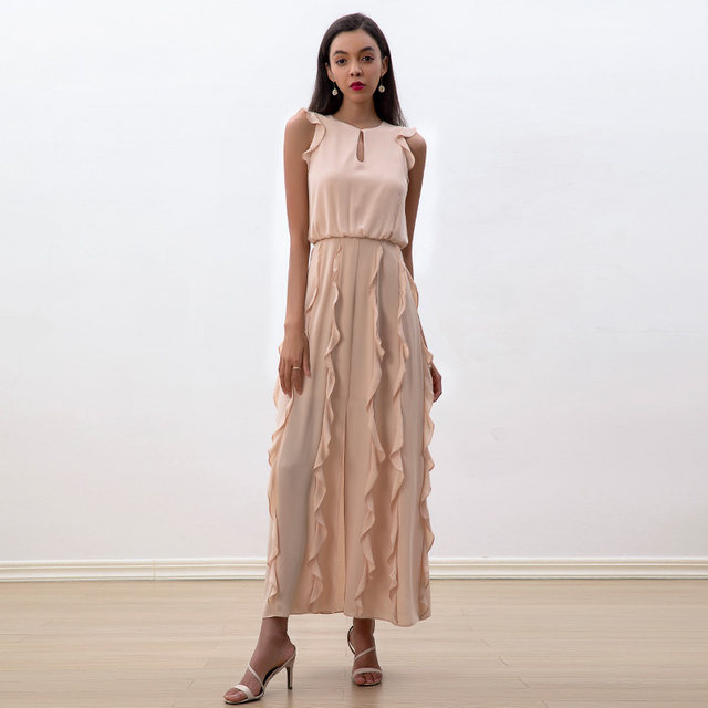 D229女性固体重乔其纱无袖褶皱细节A字形马克西礼服