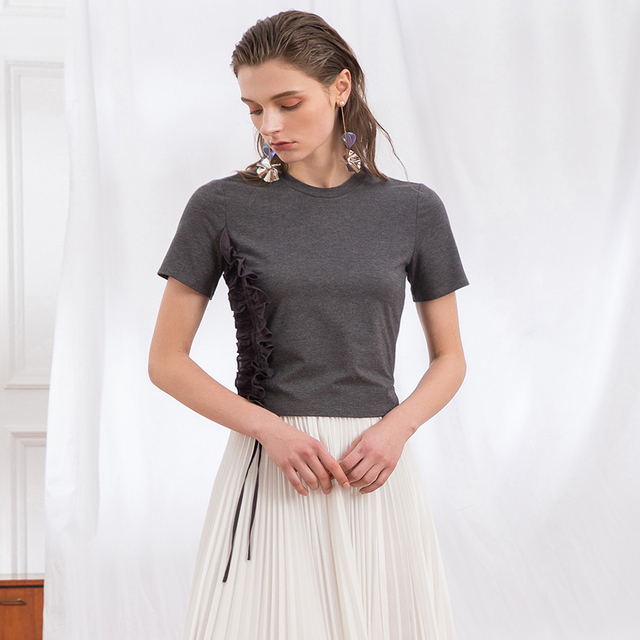 E023 女士棉粘胶氨纶圆领短袖侧抽褶针织上衣