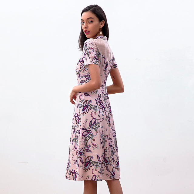 D222 女装腰果印花小立领A字连衣裙