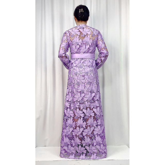 C165-3 女士通孔花卉刺绣长袖系带晚礼服长袍连衣裙