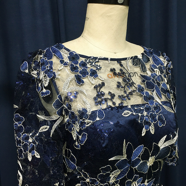 D175 女装花卉刺绣亮片短袖喇叭晚礼服中长连衣裙 