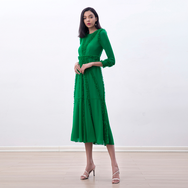 D084 女装纯色雪纺四分三袖荷叶边细节中长晚礼服连衣裙