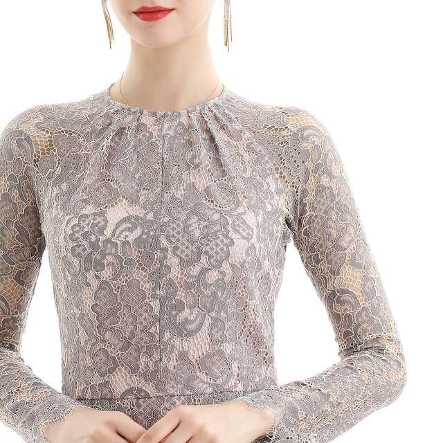 D080-4女装牡丹花睫毛蕾丝长袖车褶喇叭形派对中长连衣裙 